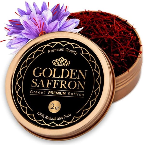 Golden Saffron, Finest Pure Premium All Red Saffron Threads, Grade A+ Super Negin, Non-GMO Verified. For Tea, Paella, Rice, Desserts, Golden Milk and Risotto (2 Grams)
