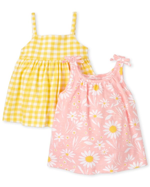 Baby Girls Sleeveless Daisy Print And Gingham Knit Dress 2-Pack