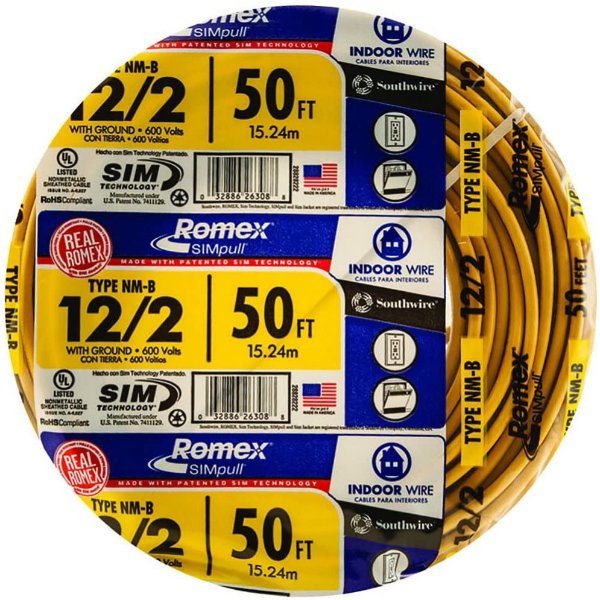 28828222 50' 12/2 with ground Romex brand SIMpull residential indoor electrical wire type NM-B, Yellow