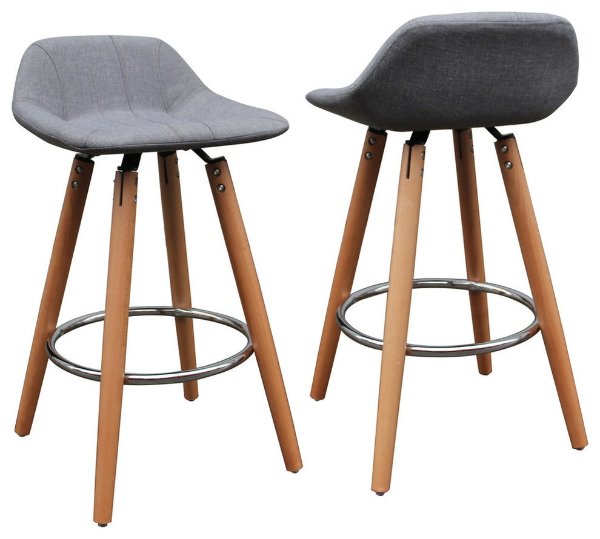 26" Upholstered Counter Stools, Set Of 2, Wood and Gray