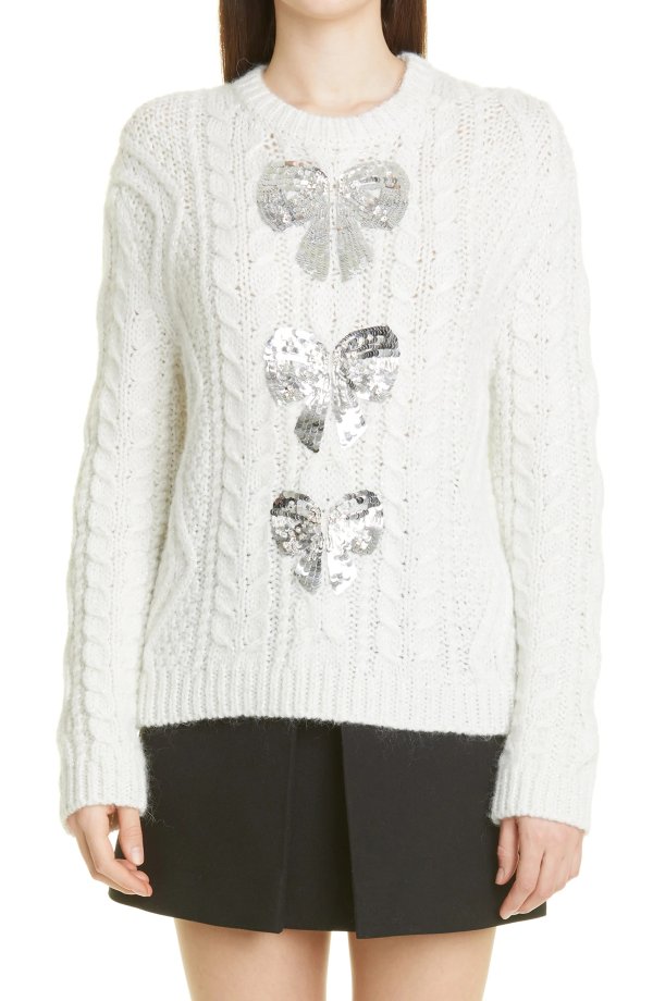 Sequin Bow Cable Knit Sweater