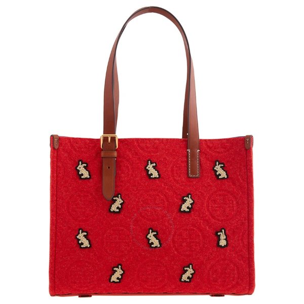Red Small Rabbit T Monogram Embroidered Tote