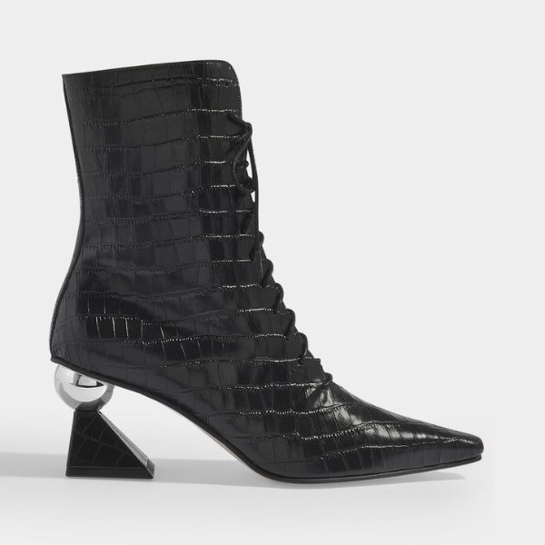 Gloria Glam Heel Boots in Black Croc Embossed Leather