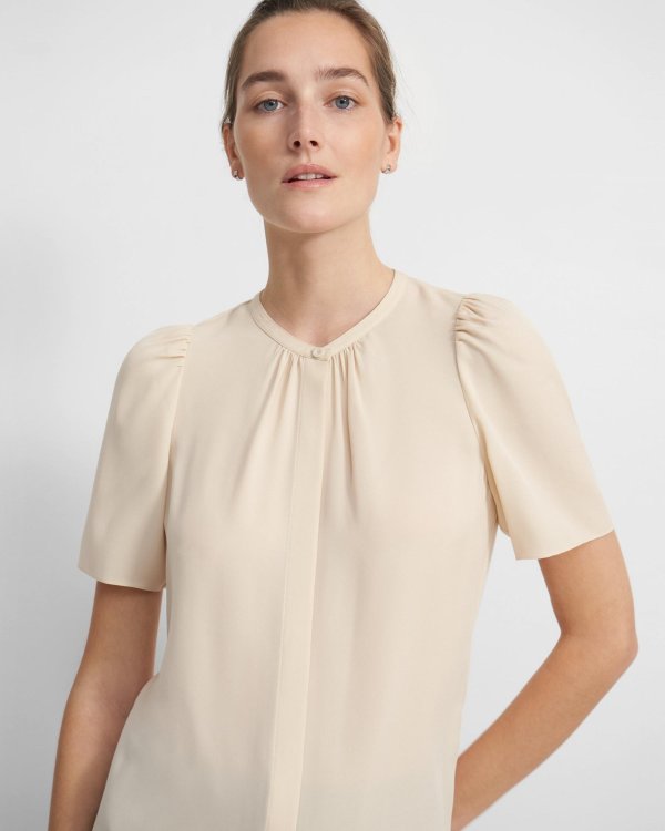 Short-Sleeve Ruched Blouse in Silk Georgette