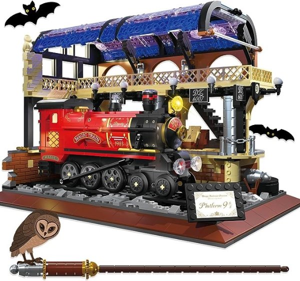 火车平台积木套装 - STEM 积木玩具迷你魔法火车站积木套装 | 建筑套装 | 适合成人儿童6 7 8岁以上男孩的圣诞生日礼物(1300 + 件)