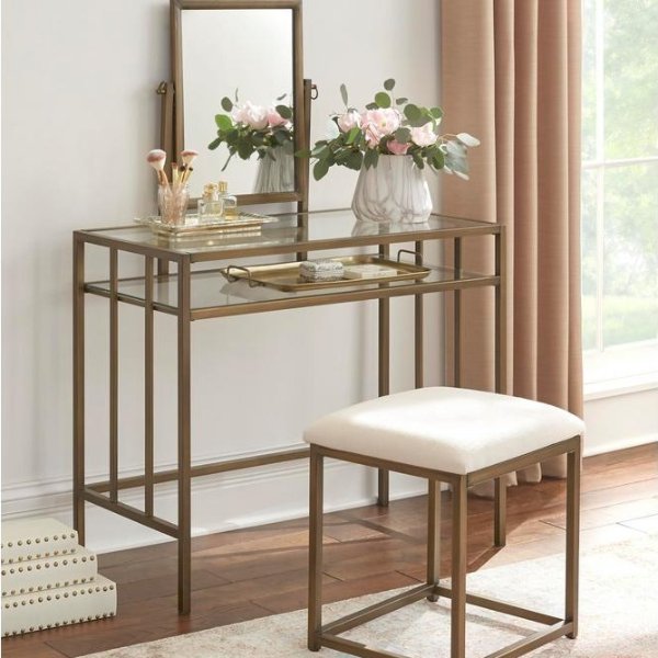Bevanton Gold Metal Vanity Set with Ivory Upholstered Stool (36.10 in W. X 51.57 in H.)