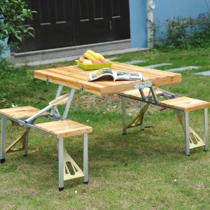 Wooden Picnic Table Bench Seat Outdoor Portable Folding Camping Aluminum w/ Case