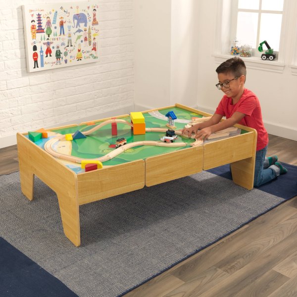 Double-Sided Wooden Train and Activity Table with Built-In Storage Drawer – Natural