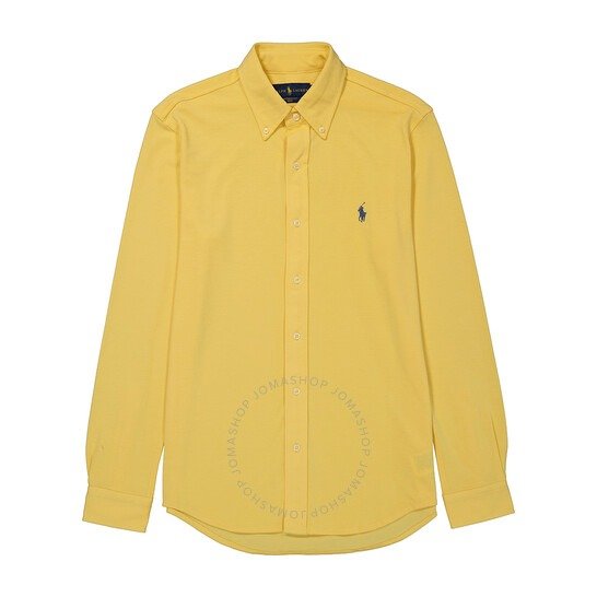 Yellow Long-sleeved Logo Embroidered Slim-fit Cotton Shirt