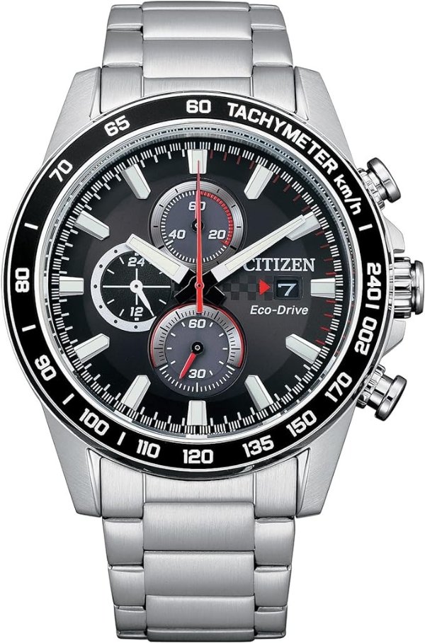 Men's Sport Casual Brycen Eco-Drive Chronograph Stainless Steel Watch, 12/24 Hour Time, Date, Tachymeter, 100 Meters Water Resistant, Spherical Mineral Crystal, Weekender