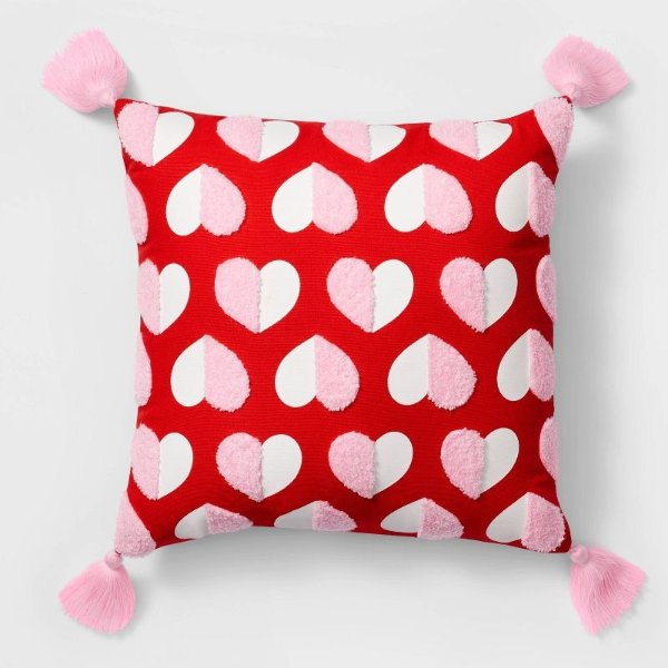 Valentine&#39;s Day Embroidered Hearts Square Throw Pillow Red - Spritz&#8482;