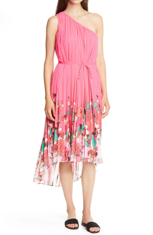 Pinata Floral Pleated Asymmetrical One Shoulder Dress