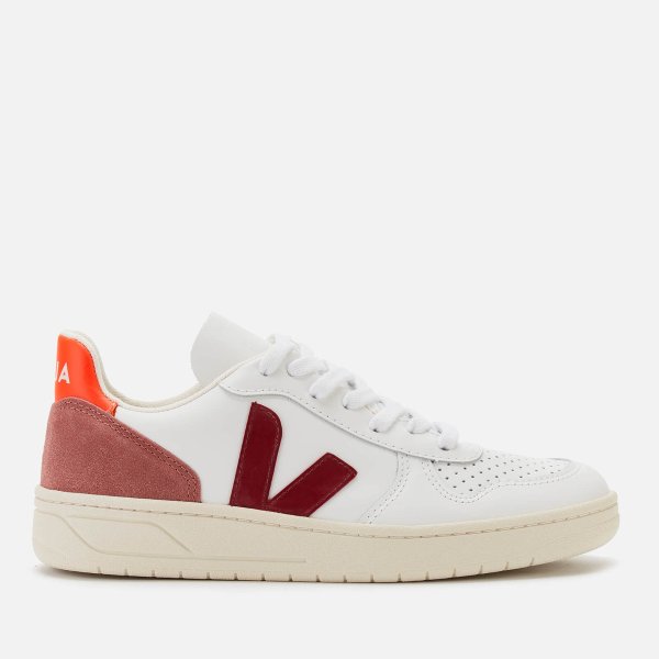 Women's V-10 Leather Trainers - Extra White/Marsala/Dried Petal/Orange Fluo