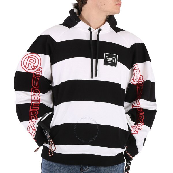 Men's Black Printed Logo Striped Hoodie