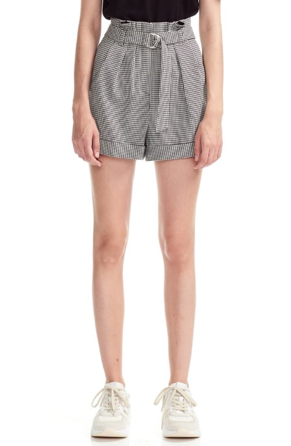 Imy Houdstooth Check Paperbag Waist Belted Shorts