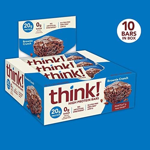 (thinkThin) High Protein Bars - Brownie Crunch, 20g Protein, 0g Sugar, No Artificial Sweeteners** Gluten Free, GMO Free*, 2.1 Ounce (10 Count) - Packaging May Vary
