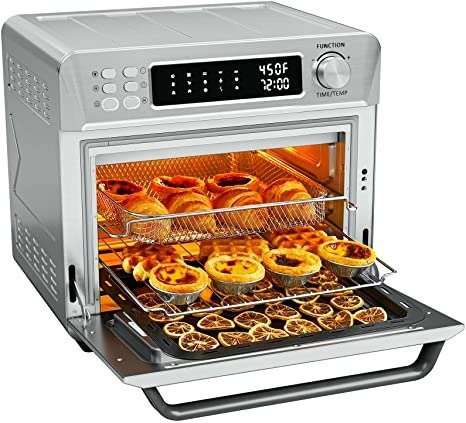 Air Fryer Toaster Oven with 14 Preset Functions Convection Oven Oil-Less 25QT 1700W, Full-Metal Structure & DualWall Glass, Recipes