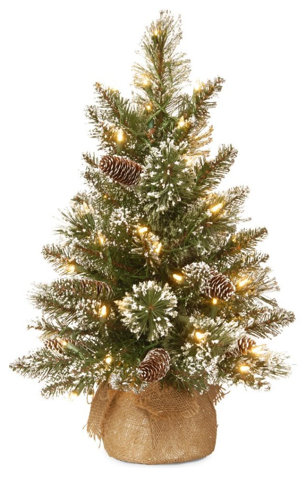 2 feet Glittery Bristle Pine Tree with Battery Operated Warm White LED Lights