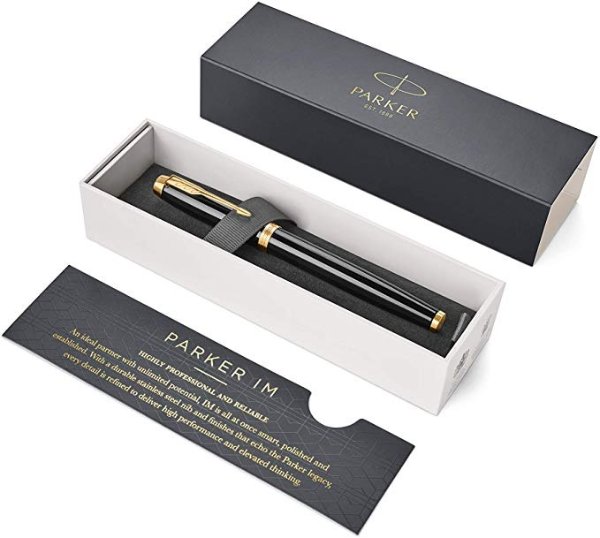 IM Rollerball Pen, Black Lacquer Gold Trim with Fine Point Black Ink Refill, Gift Box (1931659)