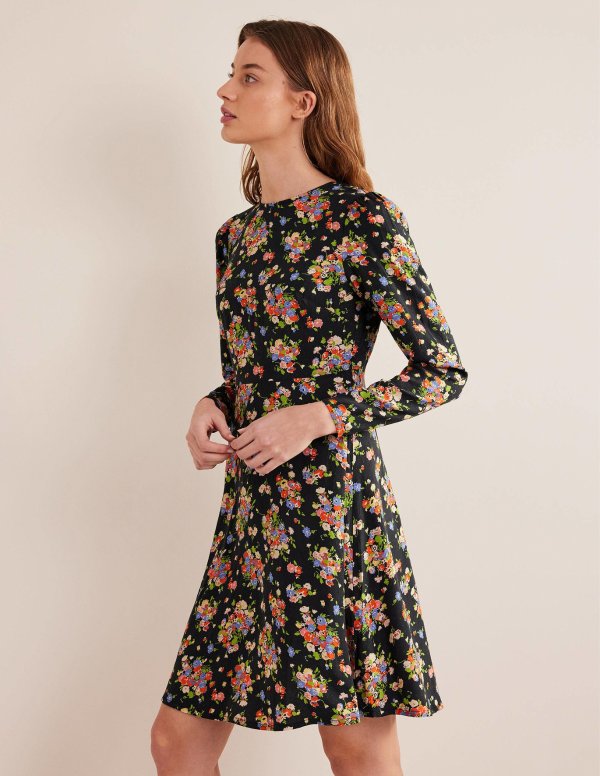 Crew Neck Fit-and-Flare Dress - Black, Wild Cluster | Boden US