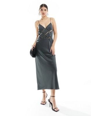 satin cut out cami midi dress in charcoal gray