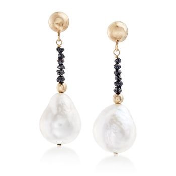 11-12mm Cultured Pearl and .71 ct. t.w. Black Diamond Bead Drop Earrings in 14kt Gold | Ross Simons