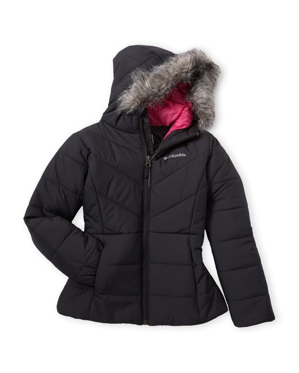 (Girls 7-16) Black Faux Fur Hood Katelyn Crest Puffer Jacket