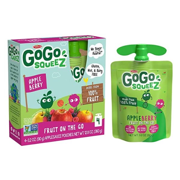 Applesauce on the Go, Apple Berry, 3.2 Ounce (48 Pouches), Gluten Free, Vegan Friendly, Unsweetened Applesauce, Recloseable, BPA Free Pouches (Packaging May Vary)