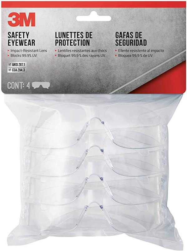 3M Indoor Safety Eyewear, Clear Lens, Contractor Pack, 4-Pack