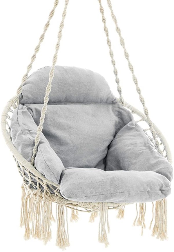 SONGMICS Hanging Chair, Hammock Chair with Large, Thick Cushion, Swing Chair, Holds up to 264 lb, for Terrace, Balcony, Garden, Living Room, Scandinavian, Shabby Chic, Cloud White and Gray UGDC042G01