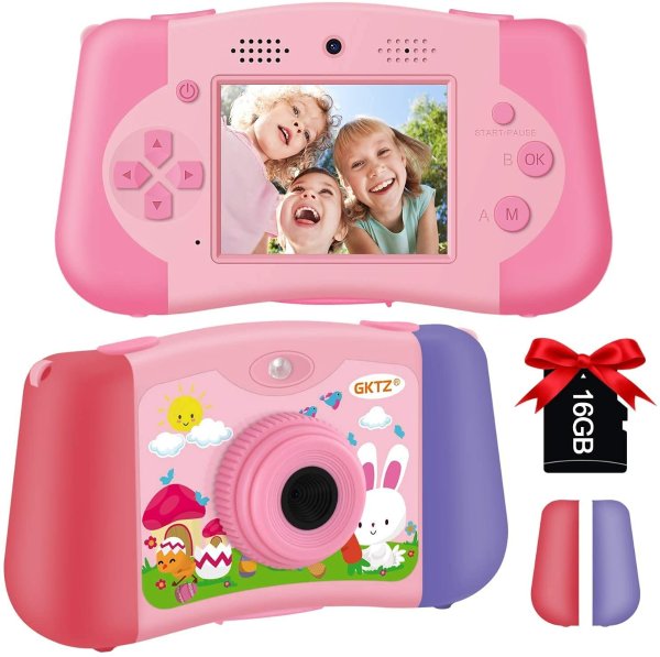 Kids Camera, Digital Video Children Camera Dual Lens Toddler Selfie Camera Kids Music Player, Christmas Birthday Gift for 3 4 5 6 7 8 Year Old Girl with 16G SD Card(Pink)