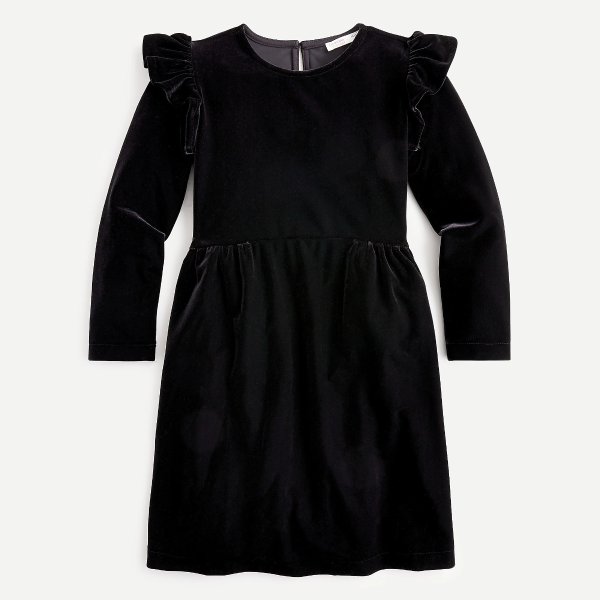 Girls' ruffle-shoulder dress in velvet