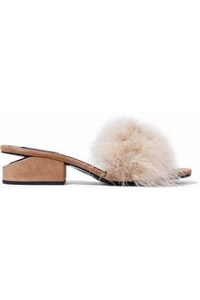 Lou feather-embellished suede mules