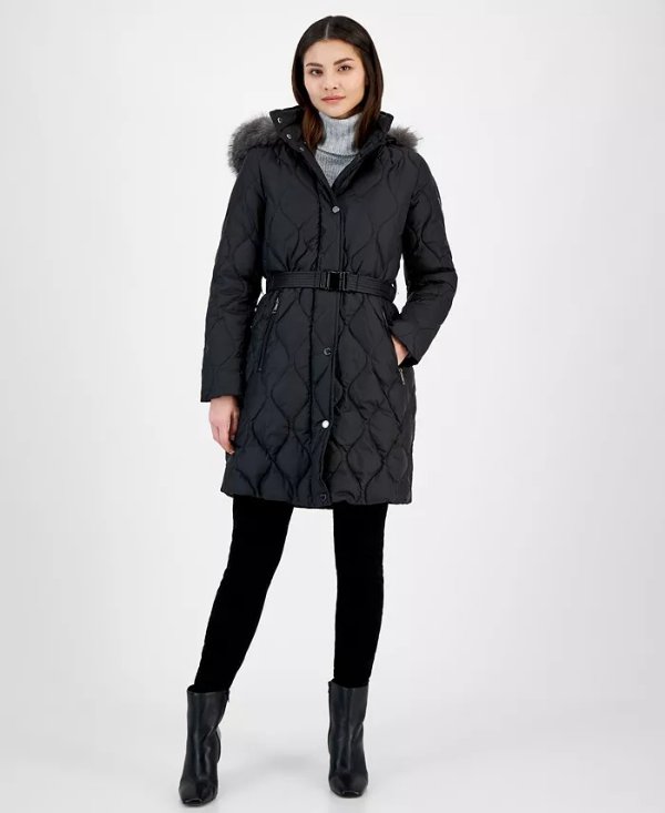 Women's Belted Faux-Fur-Trimmed Hooded Puffer Coat