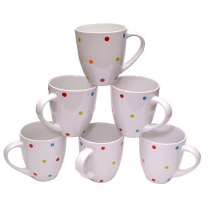 Francois et Mimi Large Ceramic Coffee Mugs, 16-Ounce, White Polka Dots, Set of 6