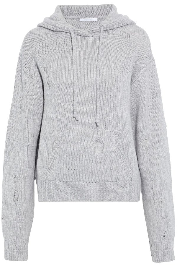 Distressed wool, yak and cashmere-blend hooded sweater