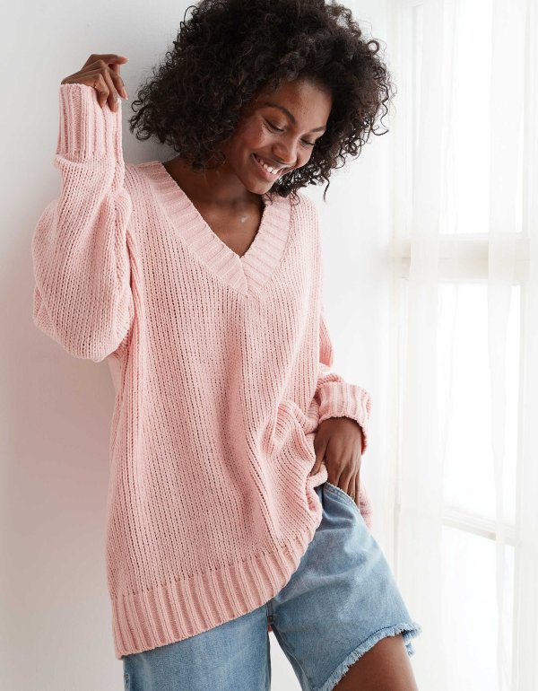 Aerie Chenille V-Neck Oversized Sweater