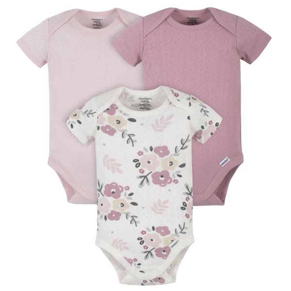 3-Pack Organic Baby Girls Wild Flower Short Sleeve Onesies® Brand Bodysuits