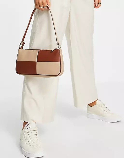 slim 90s shoulder bag in brown & beige patchwork