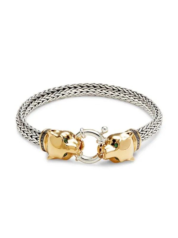 Sterling Silver, 14K Yellow Gold, Emerald & Black Diamond Bracelet