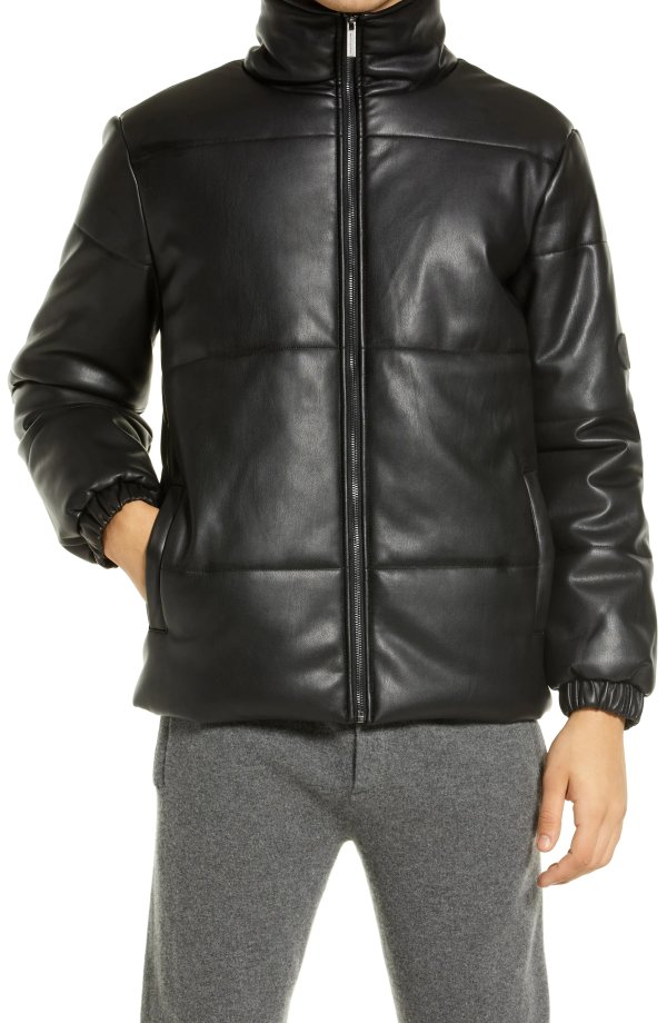 Men's Faux Leather Puffer Jacket
