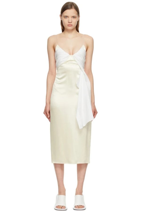 Beige & White Foulard Formal Dress