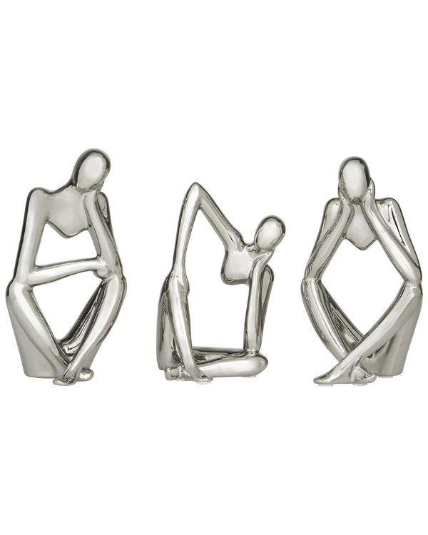 Set Of 3 People Silver Porcelain Sitting Thinker Sculpture