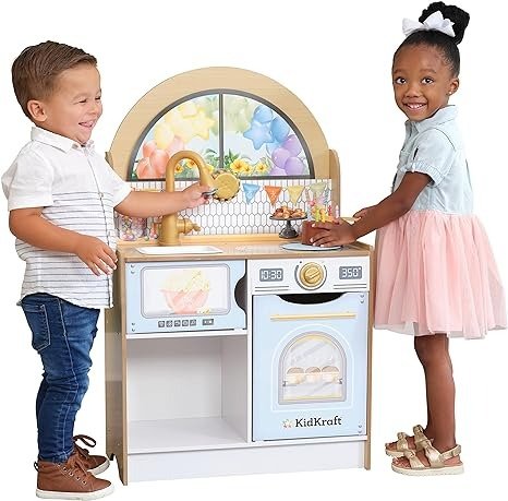 Let's Celebrate! Wooden Party Play Kitchen with Changing Background, Lights & Sounds and 8 Accessories