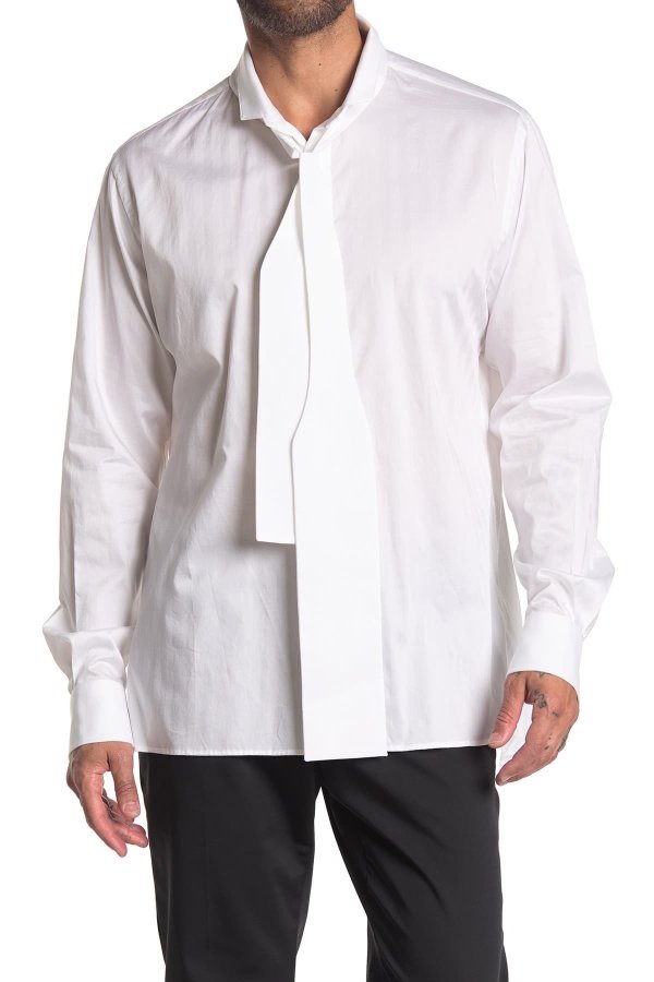 Neck Tie Long Sleeve Button Front Shirt