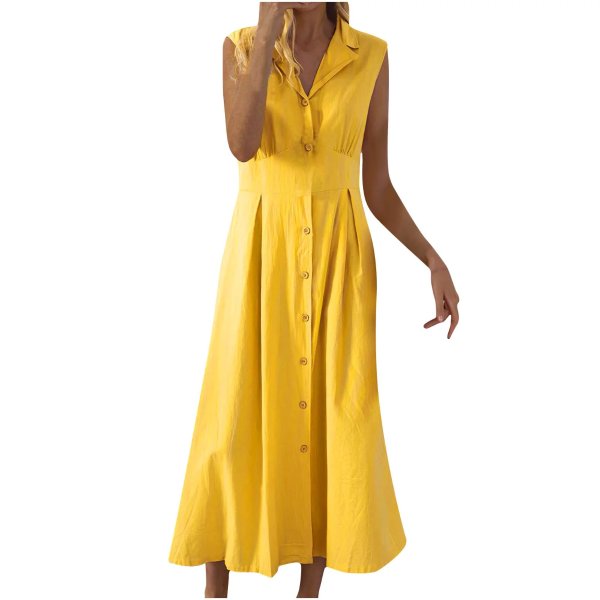 Women's Button Dress, Sleeveless Turndown Collar Solid Dress, Summer Casual Loose Tank Dress, A-line Solid T Shirt Long Dress, Plus Size Midi Dresses Yellow XL