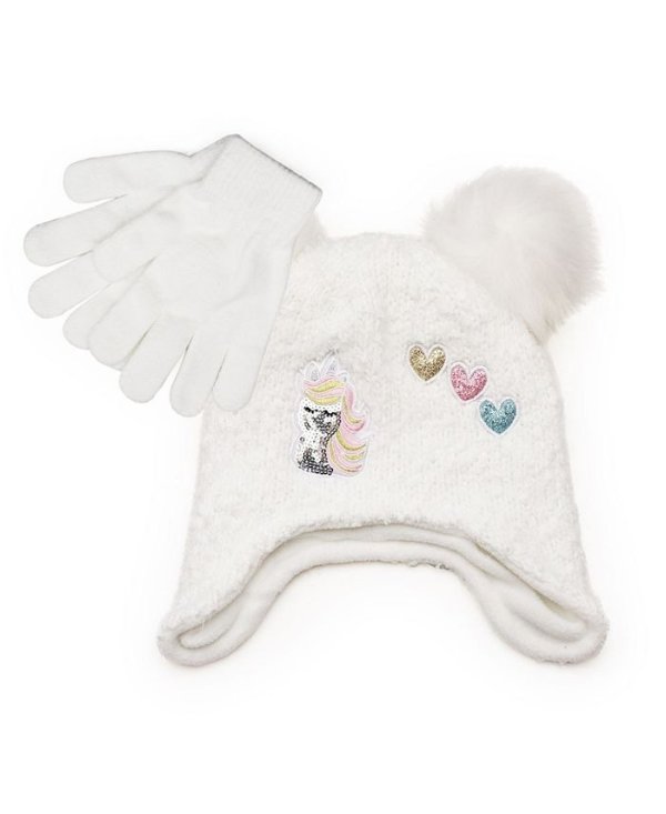 Big Girls Knit Hat with Appliques Patches and Pom Pom with Magic Gloves, 2 Piece Set