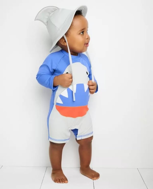 Baby Print Rash Guard Swimsuit & Sunblock Hat Set