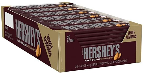 Hershey’s Milk Chocolate with Almonds Candy Bars, 1.45-Oz. Bars, 36 Count
