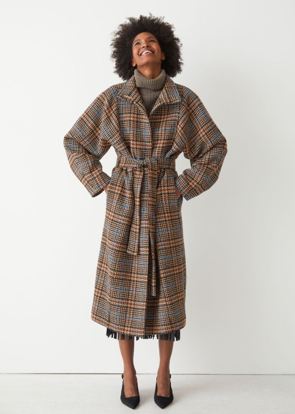 Belted Plaid Wool Coat